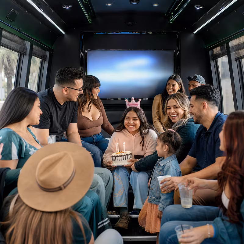 Black Mercedes Sprinter van staged for an Los Angeles Birthday Transportation group