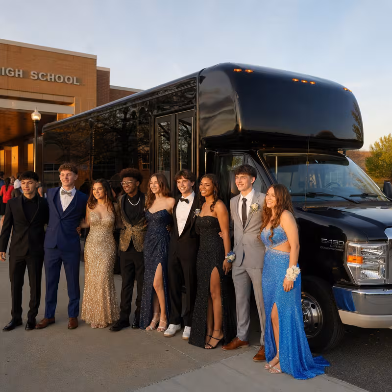 Group boarding a white charter bus for Prom & Homecoming Transportation transportation in Los Angeles