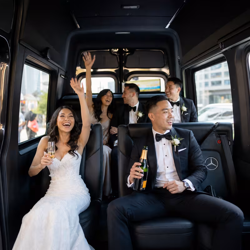 Black Mercedes Sprinter van staged for an Los Angeles Wedding Transportation group
